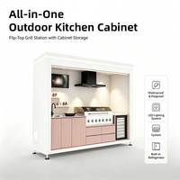 Îlot de cuisine extérieur avec comptoir de bar, armoires de barbecue et évier en acier inoxydable de luxe pour divertissements en plein air