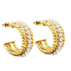 ต่างหูห่วงสเตนเลสสตีลชุบทอง 18k ขายดี ดีไซน์โดดเด่นรูปตัว C ประดับมุก สำหรับผู้หญิงใส่ไปงานปาร์ตี้ - Product Image 1