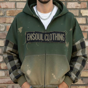 Felpa con Cappuccio Personalizzata ES in Stile Vintage, Lavaggio Acido, Patchwork a Quadri, Blocchi di Colore, Zip, Streetwear Primaverile da Uomo - Product Image 1