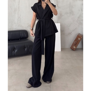 Sleeveless Suit Collar Tie Cardigan High Waist <b>Pants</b> Women's Casual 2-piece Set Fashion - Product Image 2