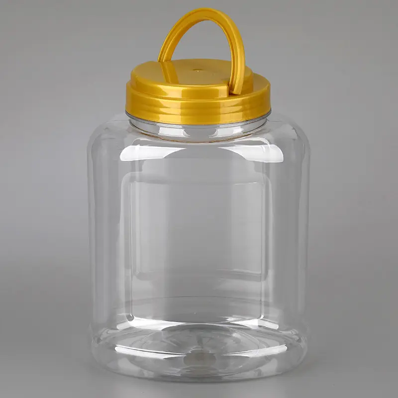 Botella de plástico transparente de 2L para alimentos secos con tapa de mango, frascos de almacenamiento ovalados de plástico PET de 64 OZ