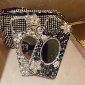 luxury bling rhinestone diamond mobile phone case with makeup mirror for iphone 15 pro max clear glitter cover for samsung S24