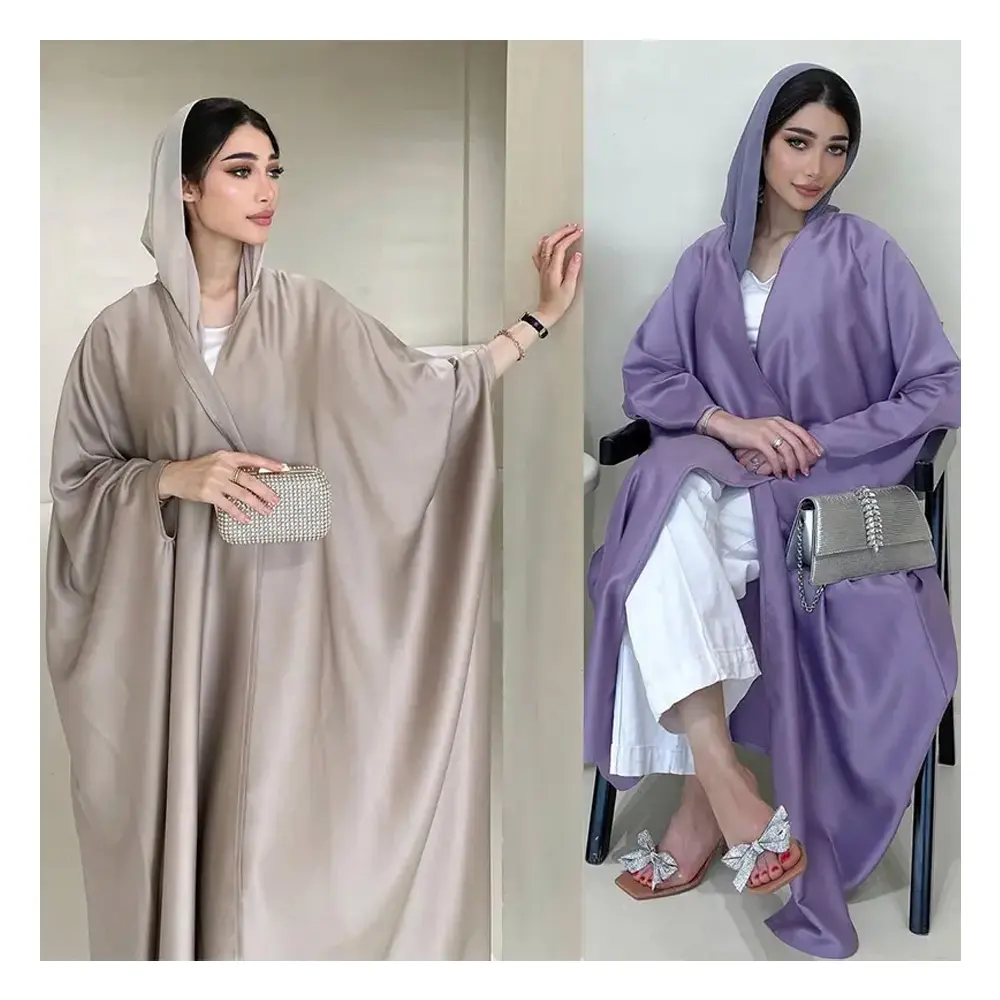 All'ingrosso Dubai Abaya 2023 Turkish EID modesto abbigliamento islamico eleganti maniche a pipistrello in raso aperto Abaya donna vestito musulmano kaftano