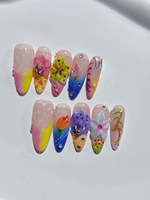 Uñas Acrílicas Postizas Hechas a Mano con Flores 3D Coloridas, Uñas Almendradas con Degradado Arcoíris, Decoración con Anillos Metálicos y Dijes de Diamantes de Imitación