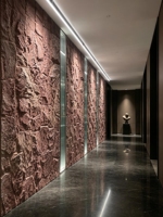 Panneau mural imprimé en PVC WPC effet pierre empilée, design moderne, modèle 3D, solution complète pour hall d'hôtel et salon de thé