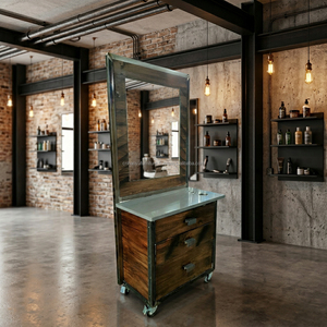 Station de barbier vintage en bois de style campagnard avec dessus en contreplaqué et tiroirs durables pour salon de coiffure et barbier - Product Image 5