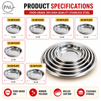 Ensemble de 7 assiettes à dîner PAL en acier inoxydable 304, 14-26 cm, design classique, bord roulé, portable et durable pour restaurant et maison