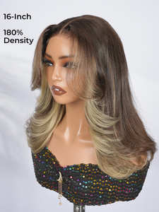 Perruque Bob en cheveux humains bruts vietnamiens blonds <span class=keywords><strong>avec</strong></span> mèches, <span class=keywords><strong>frange</strong></span> rideau effet blowout, sans colle, perruque frontale en dentelle 13x4 pré-coupée <span class=keywords><strong>avec</strong></span> cordon de serrage - Product Image 2