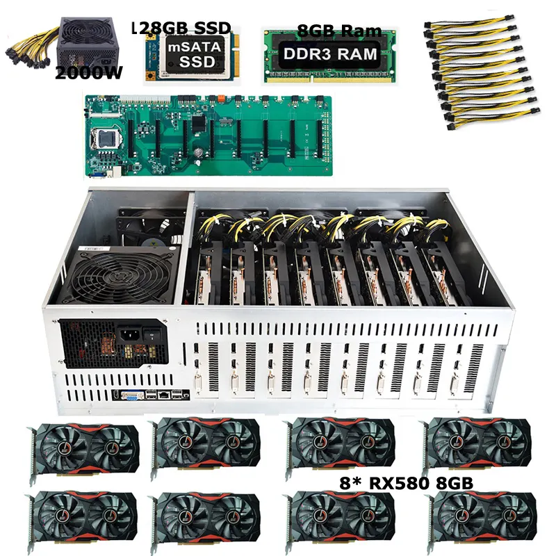 8 PC RX580 8GB GPU riserless Bo mạch chủ thiết lập với DDR3 8GB RAM G1840 CPU 128GB SSD yên tĩnh ATX 2000W cung cấp điện Combo kit