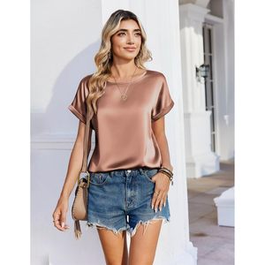 Blusa de satén para mujer, camisa de manga corta con cuello redondo, ropa informal para el día a día, camisa de verano antiarrugas - Product Image 2