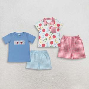Conjunto de Ropa de Algodón y Seda de Leche para el Regreso a Clases de Longlv, Top con Estampado de Manzanas y Letras ABC con Pantalones Cortos a Cuadros - Product Image 1