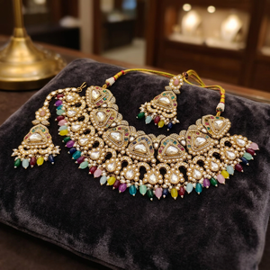 Indian Traditional Antique Gold Plated Kundan Choker Necklace <b>Set</b> Lavender Purple Gemstone Bead Bridal Jewelry <b>Set</b> with Earrings - Product Image 3