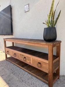 Rustic Old Wood Vintage Style Antique Distressed Double Shelf <b>Sideboard</b> Dining Living Room Wholesale Price Furniture Hotels Home - Product Image 6