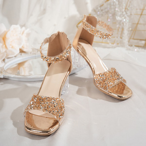 Sandalias de tacón transparente con lentejuelas brillantes para mujer, punta cuadrada, correa en el tobillo, cremallera trasera, tacones altos para boda, fiesta nupcial, graduación - Product Image 4