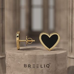 Boucles d'oreilles clous en or blanc massif 14 carats avec cœur noir pour femme, style onyx élégant et minimaliste, bijoux en émail en forme de cœur, cadeau de luxe pour elle - Product Image 1