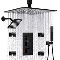 Système de douche : Ensemble combiné de douche de plafond carrée 10 pouces à effet pluie et de douche de plafond 6 pouces à encastrer, thermostatique 4 fonctions
