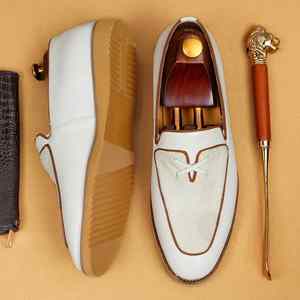 <b>White</b> Genuine Leather <b>Loafers</b> <b>Men</b> Round Toe Slip-On Breathable All Seasons Business Casual Shoes - Product Image 3