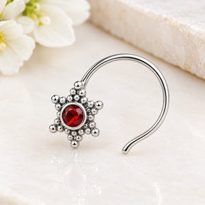 Elegant 925 Sterling <b>Silver</b> Garnet <b>Nose</b> Pin Round Red Gemstone Stud Cup Setting Indian Ethnic <b>Nose</b> Jewelry for Women Girls - Product Image 3