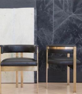 Sedia da Pranzo Moderna di Lusso in Acciaio Inox Bronzato a Tre Gambe <span class=keywords><strong>con</strong></span> Schienale Curvo e Braccioli in Vera Pelle - Product Image 2