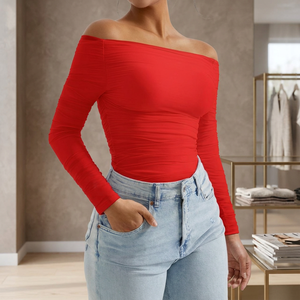 <b>Women</b> Long Sleeve off Shoulder Crop Top Fitted Y2K Style Knitted Elastic for Everyday Wear - Product Image 3