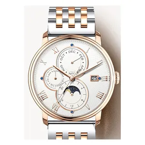 Custom Stainless Steel Case Calendar 24 Hour Show Moon Phase Men's Automatic Mechanical Watch