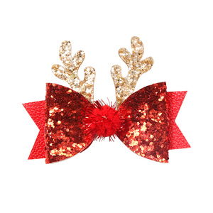 Christmas Xmas Children's Glitter Edge Sequins Barrettes Reindeer <strong>Antler</strong> Hair Clips Girls Bow Hairpin Fabric Accessories - Product Image 2