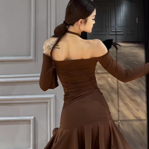 Sexy <span class=keywords><strong>Latin</strong></span> <span class=keywords><strong>Dance</strong></span> Jurk Met Lange Mouwen Backless Design Samba Cha Cha Leopard <span class=keywords><strong>Dance</strong></span> Rok Pak Big Swing Dancing Voor Vrouwen Concurreren - Product Image 2