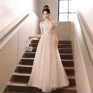 Champagne Evening Gown Square Collar A-Line Empire Waist Floral Print 3D Stereoscopic Patterns Mid Length Banquet Dress - Product Image 2