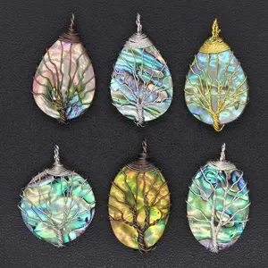 Wholesale life tree necklace handmade wire wrap colored sea shell stone fashion jewelry making supplies