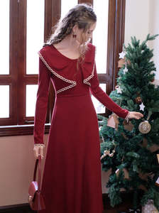 Personnalisé français Vintage rouge col rond tricot dentelle à volants Patchwork femmes élégantes longues robes de soirée de fête de noël - Product Image 3