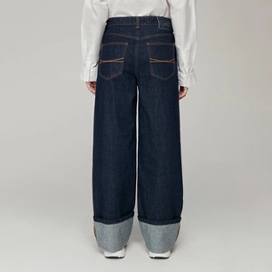 Trendy Wide Cuff Dark Indigo <strong>Jeans</strong> for Women High Waisted Loose Fit <strong>Turn</strong> <strong>Up</strong> Denim Pants Vintage Workwear Street Style Trousers - Product Image 4