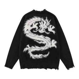 Custom LOGO OEM ODM Men Sweater Jacquard Pattern Distressed Effect Knitwear Winter Long Sleeve Knitted Custom Cotton Sweater
