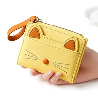 Dompet Wanita Lucu Dompet Pendek Penutup Kancing Portabel Tempat Kartu Kredit Kulit PU Bordir Kucing Cantik untuk Anak Perempuan Dompet Koin