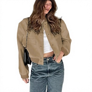 Chaqueta Bomber Corta Color Caqui para Mujer, con Bolsillos de Parche, Cierre de Botones, Estilo Casual, Manga Larga, para Otoño - Product Image 1