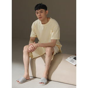 <span class=keywords><strong>Pijama</strong></span> de algodón de verano gris oscuro para <span class=keywords><strong>hombre</strong></span>, cuello redondo, manga corta, ropa de casa suelta a rayas, <span class=keywords><strong>tela</strong></span> de punto - Product Image 6