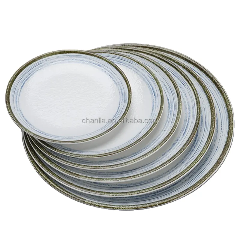 Melamine Dao Kéo Vòng Bít Tết Tấm Tương Tự Tấm Món Ăn Tốt Nhất Bán Chịu Nhiệt Nhựa Gốm Đảng Vàng Màu Xanh Men 7 Inch