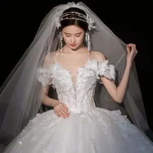 One word shoulder main wedding dress 2022 new bride high-quality texture retro dress light summer small big tail girl