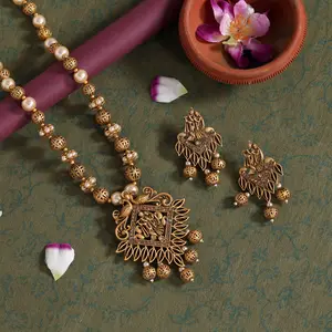 Beautiful Premium Long Matte Gold Temple Necklace Set With Earrings Indian Jewelry For Womens And Girls 2024 In Wholesale Price