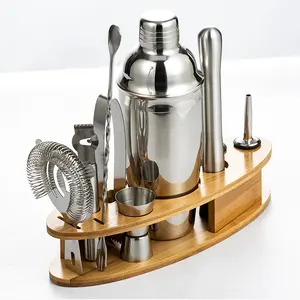Stainless Steel Barware Drink Mixology Bartender Tools Set Novelty Bar Bartending Cocktail Shaker Kit With Bamboo Stand