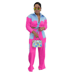 Conjunto de Pantalones Largos Casuales y Camisa de Manga Larga a Rayas con Bloques de Color, Estilo Nuevo para Mujer, JAC22 TZ7368 - Product Image 2