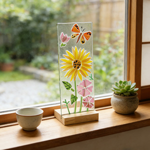 Fused <b>Glass</b> Floral Statues, Sunflower Butterfly <b>Glass</b> Tabletop Desktop <b>Glass</b> <b>Candlestick</b> Ornament for Household & Gift Use - Product Image 1