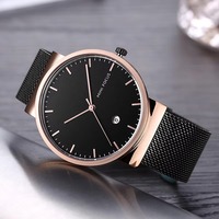 Montre à quartz pour homme, boîtier rond noir, bracelet en acier maillé, cadran minimaliste, affichage de la date, montre-bracelet quotidienne pour homme d'affaires