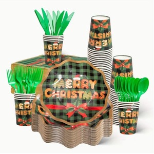DAMAI Christmas Party Tableware Set Serves 24 Party Supplies Disposable Plates Cups Forks Spoons Knife Napkins - Product Image 1