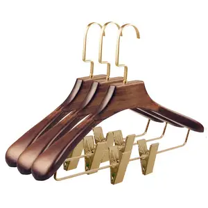 Custom Logo Clothes Wooden Non Slip Clip Coat Hanger Solid Wooden Luxury Clothing Hanger With Gold Hooks Wood Hanger