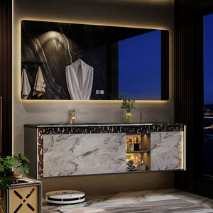 Set Mobile Bagno Stile Hotel con Lavabo in Ceramica Effetto Marmo, Armadietto <span class=keywords><strong>a</strong></span> <span class=keywords><strong>Specchio</strong></span> Smart da Parete, Personalizzabile di Alta Gamma con Funzionalità Smart - Product Image 4