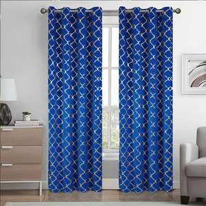 Amity Royal Blue Black Foil Printed Eyelet 100% Polyester Velvet Grommet Blackout Bronzing Curtain For Bedroom