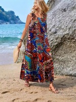 Robe longue vintage sans dos à bretelles fines imprimé feuilles, confortable pour l'été, idéale pour la plage et les vacances, légère