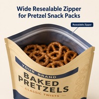 Sacs à pretzels à fond plat imprimés sur mesure avec fermeture éclair pour les marques de snacks cuites au four, les fabricants de produits alimentaires et l'emballage de marques privées
