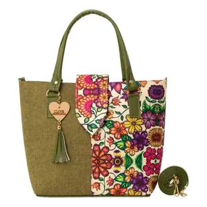 Bolso Tote de Algodón Verde Oliva para Mujer Fana Darcy, con Estampado Floral, Tamaño Mediano, para Playa o Compras, con Bolsillo con Cremallera - Product Image 1