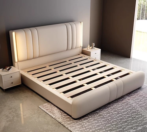 Cama Moderna de Lujo con Luces LED para Hotel o Villa, con Almacenamiento Suave, Tapizada en Tela Giratoria, con Estructura de Madera - Product Image 4